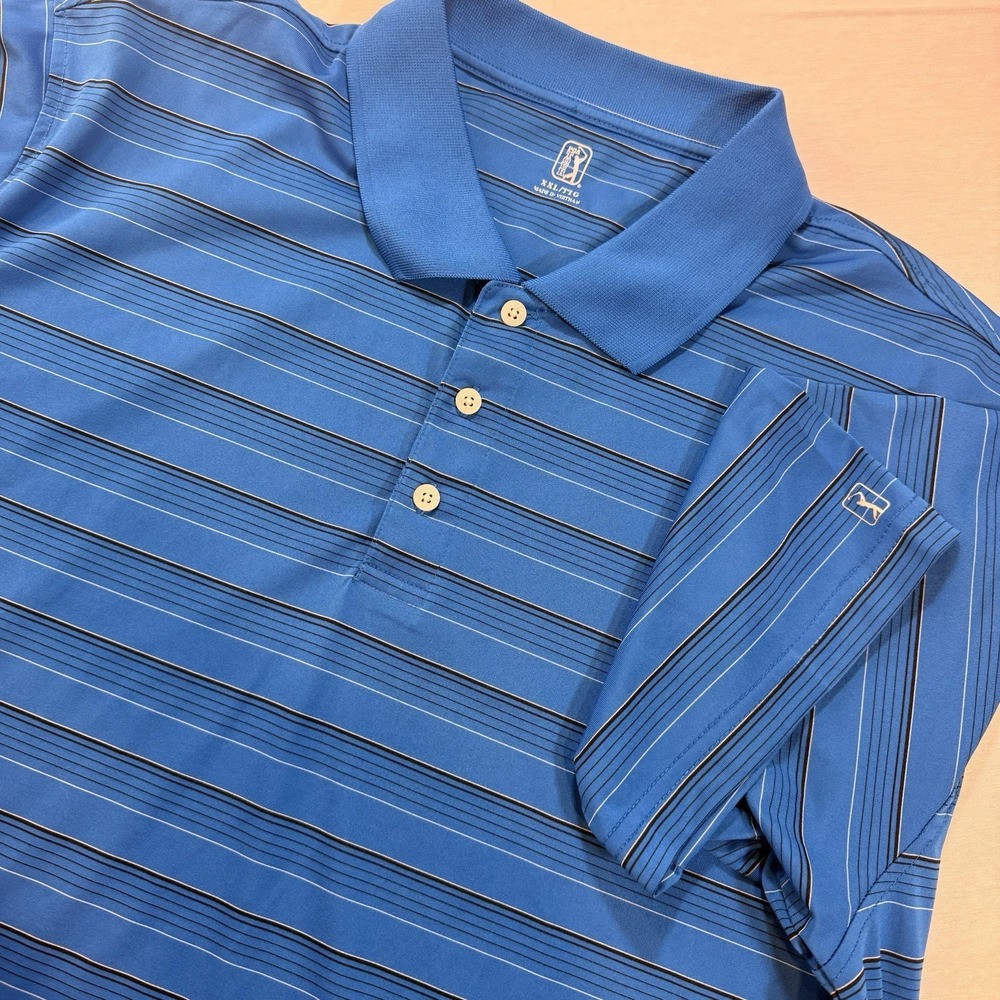 PGA Tour Polo Shirt Mens XXL Blue Striped Golf Performance Country Club Preppy